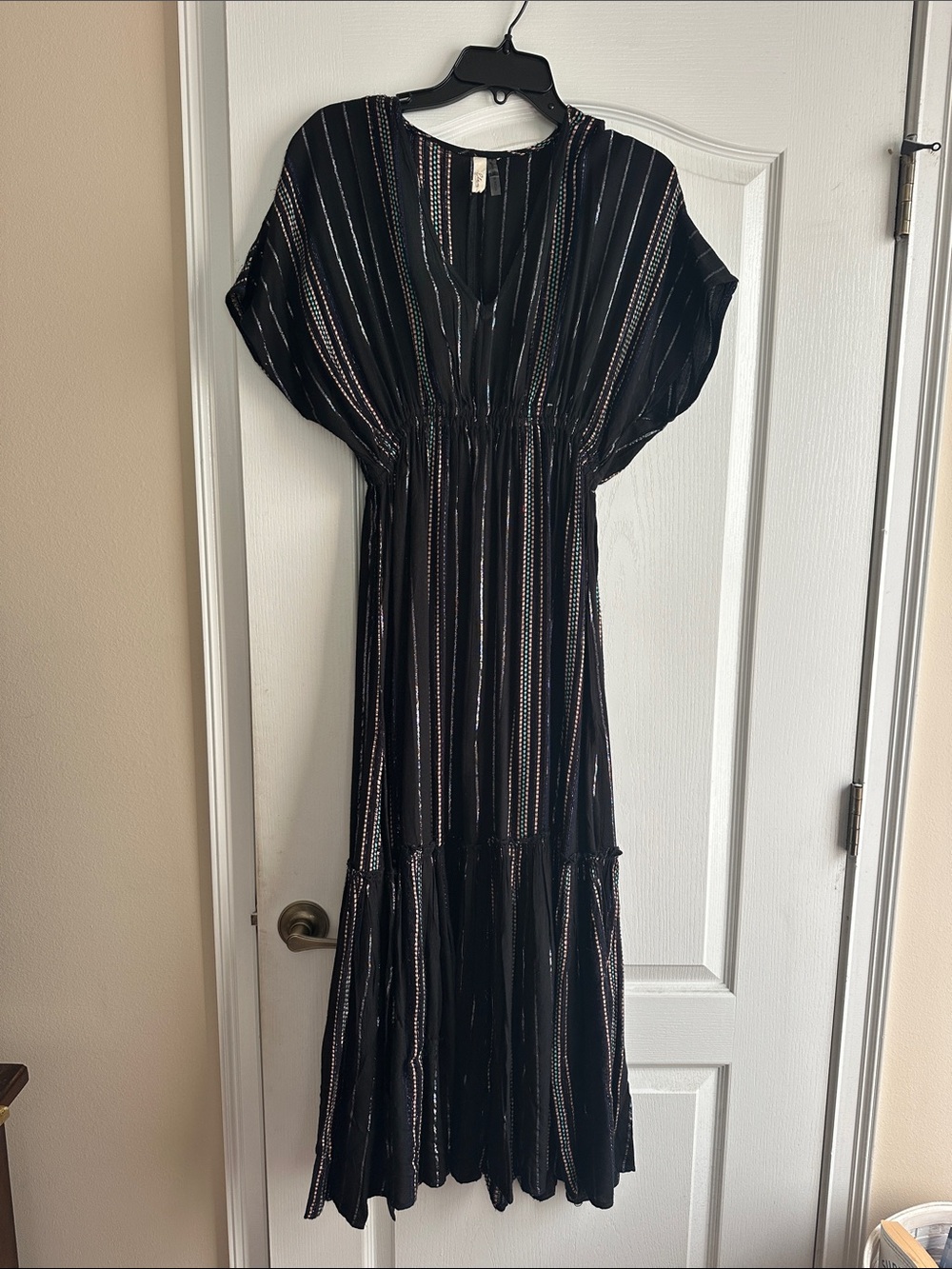 Elan Black Striped V-Neck Maxi Dress with Metallic Accents
